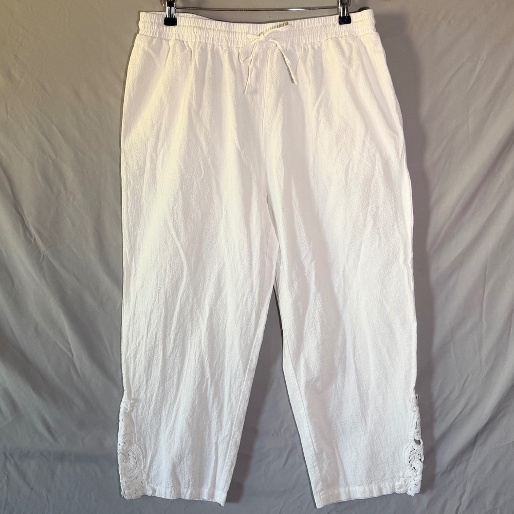 Womens White 100% Cotton Lace Trim Cropped Pants Elastic Waist Gauze 2XL - Picture 1 of 7